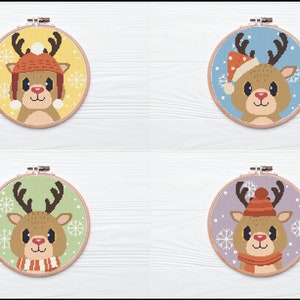 Set of 4 Cute Christmas Reindeer Cross Stitch Pattern / Digital PDF Pattern / Instant Download