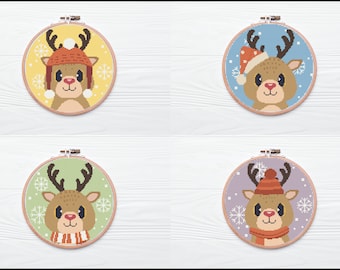 Set of 4 Cute Christmas Reindeer Cross Stitch Pattern / Digital PDF Pattern / Instant Download