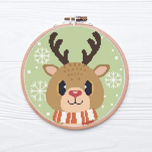 Cute Christmas Reindeer Green Cross Stitch Pattern / Digital PDF Pattern / Instant Download