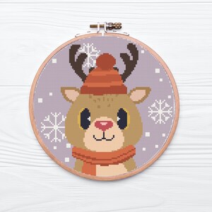 Cute Christmas Reindeer Purple Cross Stitch Pattern / Digital PDF Pattern / Instant Download