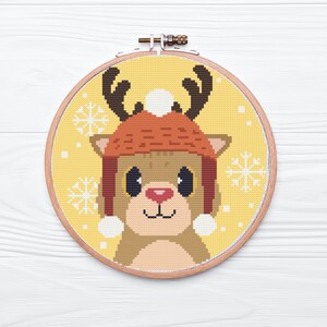 Cute Christmas Reindeer Yellow Cross Stitch Pattern / Digital PDF Pattern / Instant Download