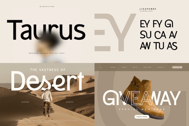 May include: A website design featuring a modern font called "Taurus" with ligatures. The font is used in the text "The Vastness of Desert" and "Giveaway Special New Year".