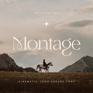 Könnte beinhalten: Ein Bild mit dem Wort "Montage" in einer dekorativen Schriftart, mit dem Text "Introducing" darüber und "Cinematic Logo Luxury Font" darunter. Eine Person auf einem Pferd befindet sich in der Mitte des Bildes, mit Bergen im Hintergrund.