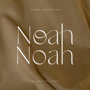 Op de afbeelding: Elegant lettertypeontwerp met ligaturen met de naam "Noah" in een stijlvol, modern lettertype. Het witte lettertype contrasteert met een warme, neutrale achtergrond. De tekst "By Sensatype Studio" is ook zichtbaar.