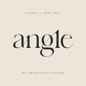 May include: A digital graphic design featuring the word "angle" in a bold, elegant black font. The text is set against a cream-colored background, with the phrases "UNIQUE & CHIC FONT" and "BY SENSATYPE STUDIO" above and below the main text.