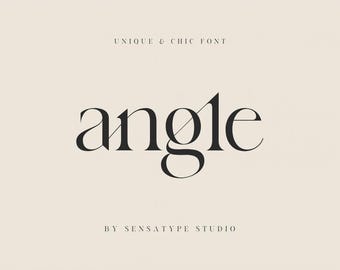 May include: A digital graphic design featuring the word "angle" in a bold, elegant black font. The text is set against a cream-colored background, with the phrases "UNIQUE & CHIC FONT" and "BY SENSATYPE STUDIO" above and below the main text.