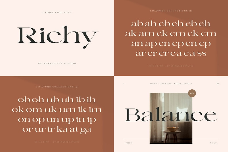 May include: A graphic design showcasing a unique chic font named "Richy" and ligature collections. The design features various letter combinations and the word "Balance" in a stylish font, all set against a neutral color palette.