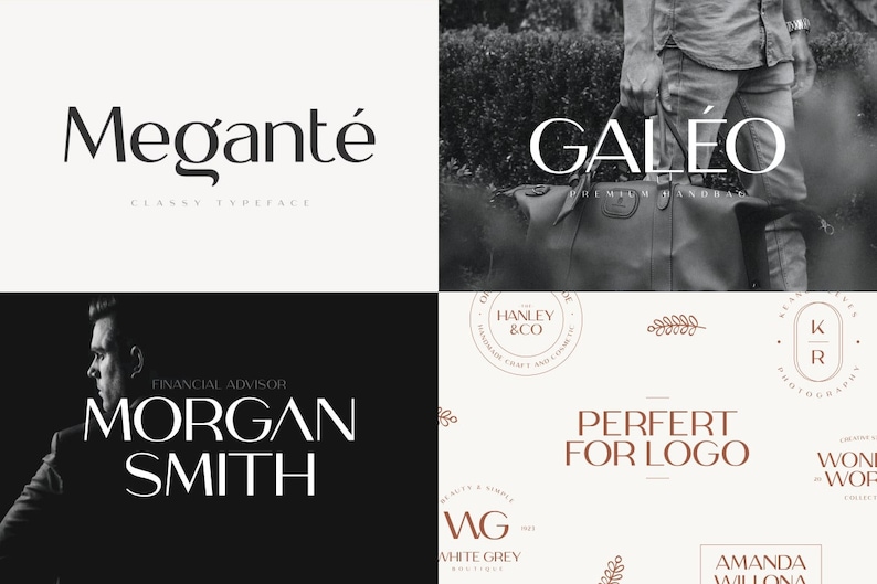 May include: A collection of logos and typography examples. The top left features the word "Megant&eacute;" with "Classy Typeface" below. The top right shows "GALEO" with "Premium Handbag". The bottom left displays "MORGAN SMITH, Financial Advisor". The bottom right includes "PERFERT FOR LOGO".