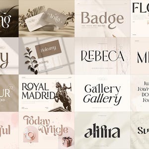 Op de afbeelding: Een collage van 12 verschillende lettertypen, elk weergegeven op een aparte witte achtergrond. De lettertypen zijn in verschillende stijlen, waaronder schrijfletter, sans serif en serif. De lettertypen zijn allemaal in zwart en wit.