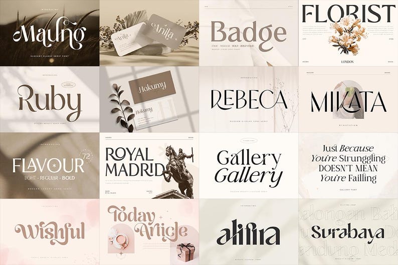 Op de afbeelding: Een collage van 12 verschillende lettertypen, elk weergegeven op een aparte witte achtergrond. De lettertypen zijn in verschillende stijlen, waaronder schrijfletter, sans serif en serif. De lettertypen zijn allemaal in zwart en wit.