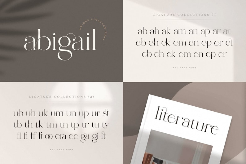 May include: A graphic design featuring the word "abigail" in a unique ligature font, along with examples of ligature collections. The image also includes the word "literature" on a magazine cover, all in a minimalist style.