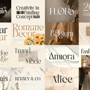 Op de afbeelding: Een collage van afbeeldingen met verschillende lettertypen en tekst, waaronder "Pineapple", "Kumar", "Romane Decor", "Flora", "Belgium", "Amiora", "Harmonis", "Rukbly & Co.", "Alice", "Jarex & Magie", "Knowledge", "Trend Mode", "Fashion Outfit", "2022 Fashion Week" en "Creativity in Painting Concept".