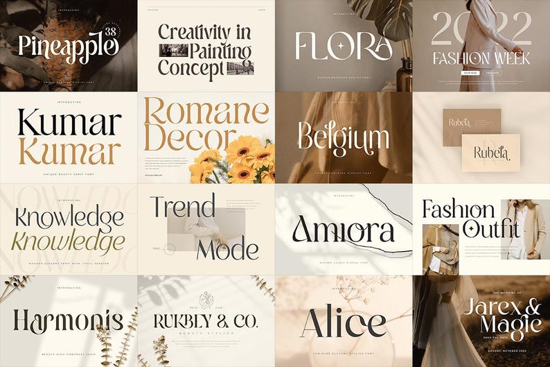 Op de afbeelding: Een collage van afbeeldingen met verschillende lettertypen en tekst, waaronder "Pineapple", "Kumar", "Romane Decor", "Flora", "Belgium", "Amiora", "Harmonis", "Rukbly & Co.", "Alice", "Jarex & Magie", "Knowledge", "Trend Mode", "Fashion Outfit", "2022 Fashion Week" en "Creativity in Painting Concept".