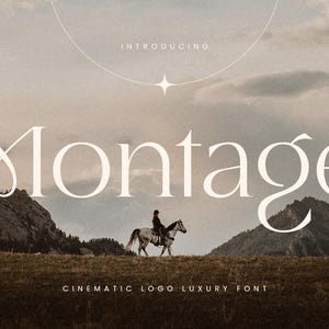 Peut inclure: Une conception de police blanche avec le mot "Montage" en police serif. Le texte est placé sur un fond de chaîne de montagnes et de ciel nuageux. Le texte "Cinematic Logo Luxury Font" est également inclus dans l'image.