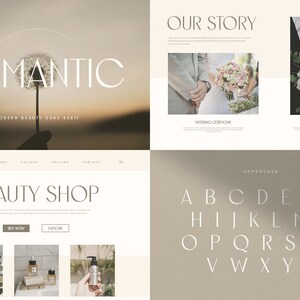May include: A website for a beauty shop with the text "ROMANTIC MODERN BEAUTY SANS SERIF" and "BEAUTY SHOP" in a minimalist sans serif font. The website features images of a dandelion, a wedding ceremony, a couple holding hands, and a variety of beauty products.