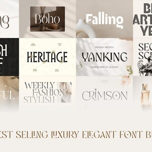 Op de afbeelding: Een verzameling van 37 bestverkochte luxe elegante lettertypen. De lettertypen worden in verschillende stijlen en formaten weergegeven, met voorbeelden van elk lettertype in verschillende woorden en zinnen. De lettertypen zijn allemaal in een moderne, minimalistische stijl en zijn perfect voor gebruik in branding, websiteontwerp en andere creatieve projecten.