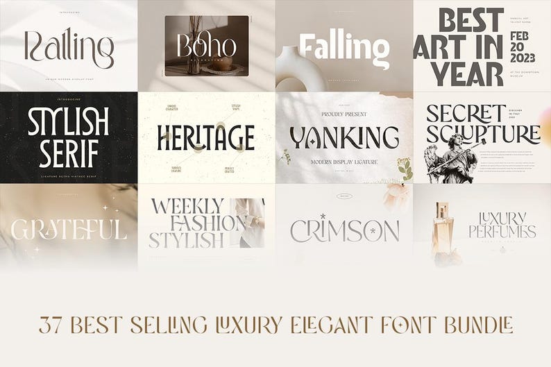 Op de afbeelding: Een verzameling van 37 bestverkochte luxe elegante lettertypen. De lettertypen worden in verschillende stijlen en formaten weergegeven, met voorbeelden van elk lettertype in verschillende woorden en zinnen. De lettertypen zijn allemaal in een moderne, minimalistische stijl en zijn perfect voor gebruik in branding, websiteontwerp en andere creatieve projecten.