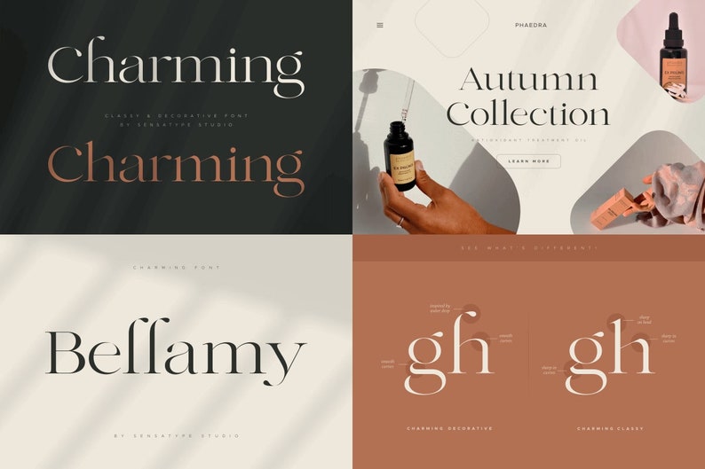 May include: A collection of graphic design examples featuring elegant typography. The top left displays the word "Charming" in two different fonts. The top right shows an "Autumn Collection" advertisement. The bottom left shows the word "Bellamy". The bottom right shows the letters "gh".