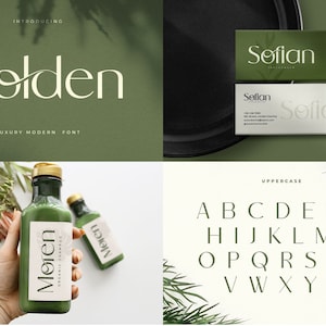 May include: A green bottle with a white label that says "Moren Organic Shampoo" in a modern font. The font is called "Golden" and is a luxury modern font. The bottle is sitting on a white surface with green foliage in the background.