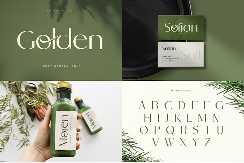 May include: A green bottle with a white label that says "Moren Organic Shampoo" in a modern font. The font is called "Golden" and is a luxury modern font. The bottle is sitting on a white surface with green foliage in the background.