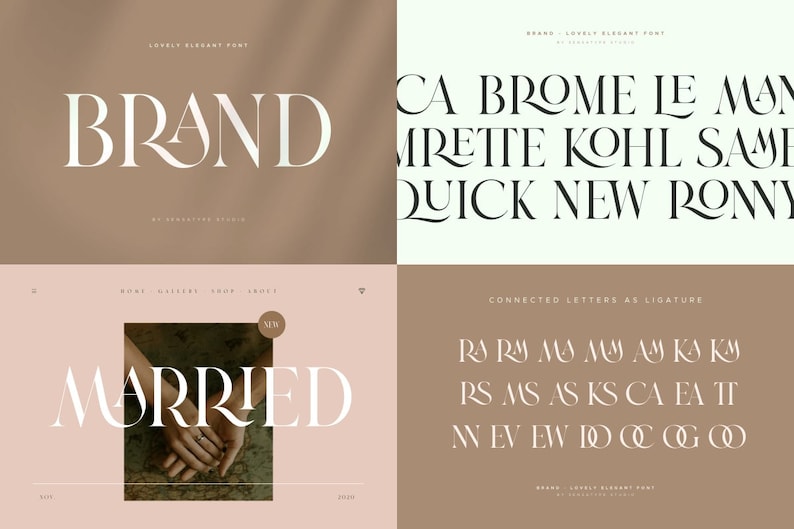 May include: A graphic design showcasing a font with the word "BRAND" in a serif style. The image also displays sample text and the word "MARRIED" in a similar font. The background is a neutral beige color.