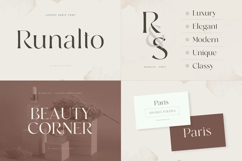 May include: A graphic design image featuring the word "Runalto" in a serif font, along with the words "Beauty Corner" and the letters "R & S". The image also includes business cards with the word "Paris". The design elements are in shades of brown and white.