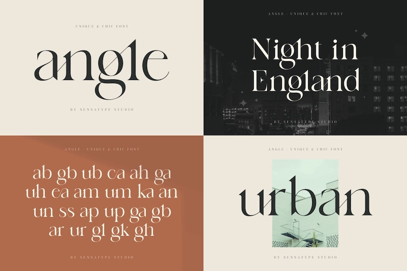 May include: A graphic design showcasing four different font styles. The word "angle" is displayed in a bold, elegant font. "Night in England" is presented in a serif font against a cityscape background. Other examples include a sample of letters and the word "urban".