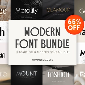 May include: A collection of 17 modern fonts in a bundle. The fonts are displayed in various styles and colors, including black, white, gold, and silver. The text "MODERN FONT BUNDLE" is displayed in large, bold letters. The text "17 BEAUTIFUL & MODERN FONT BUNDLE" is displayed in smaller letters below the main title. The text "COMMERCIAL USE" is displayed in smaller letters below the second title. The text "65% OFF" is displayed in a red circle.