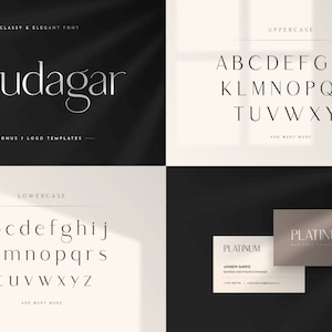May include: A digital design showcasing a classy and elegant font named "Saudagar" with uppercase and lowercase alphabets. The design includes business card mockups with the word "PLATINUM" and the text "BONUS 7 LOGO TEMPLATES".