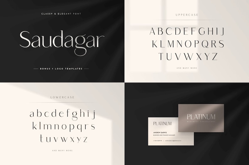 May include: A digital design showcasing a classy and elegant font named "Saudagar" with uppercase and lowercase alphabets. The design includes business card mockups with the word "PLATINUM" and the text "BONUS 7 LOGO TEMPLATES".