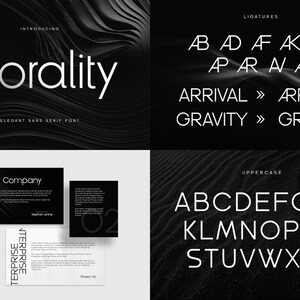 May include: A black and white image showcasing the Morality font. The font is a sans-serif font with a modern and minimalist design. The image includes examples of ligatures and uppercase letters.