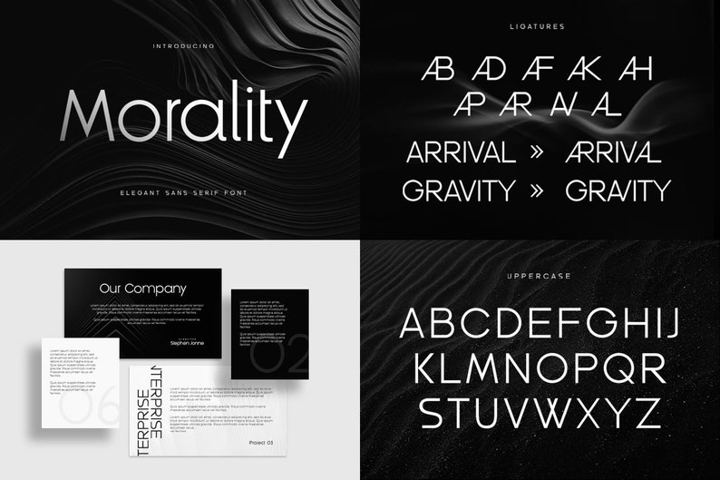 May include: A black and white image showcasing the Morality font. The font is a sans-serif font with a modern and minimalist design. The image includes examples of ligatures and uppercase letters.