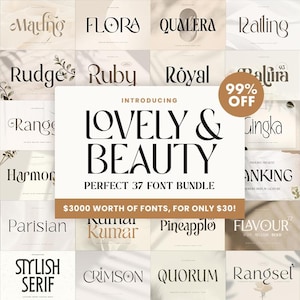 Op de afbeelding: Een collage van 37 verschillende lettertypen in een bundel genaamd "Lovely & Beauty". De lettertypen worden weergegeven in een raster van vierkanten met een beige achtergrond. De tekst "99% OFF" wordt weergegeven in een cirkel met een bruine achtergrond.