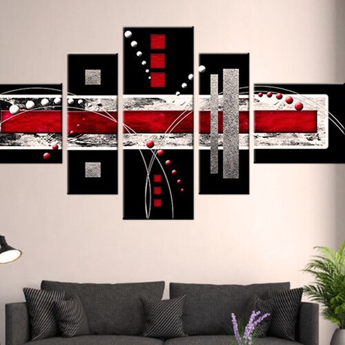 Red Black Grey Modern Abstract 5 Pieces Canvas Wall Art Red Etsy