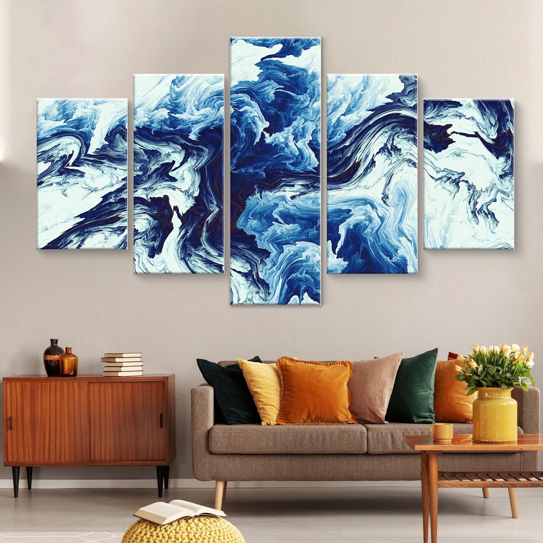 Amazing Dark Blue and White Abstract 5 Pieces Canvas Wall Art Etsy