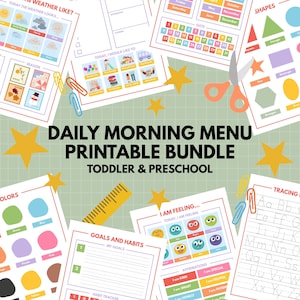 May include: A Daily Morning Menu Printable Bundle for toddlers and preschoolers. The bundle includes pages for weather, seasons, dates, shapes, colors, goals, habits, and affirmations. The image also includes a ruler, scissors, paperclips, and star-shaped decorations.