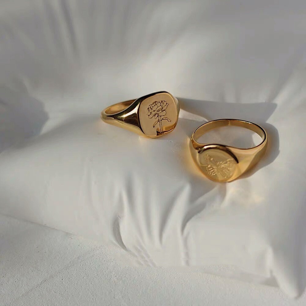 Drawelry Bee & Butterfly Signet Ring - Dainty Personalized Name Ring, Gift For Women & Men