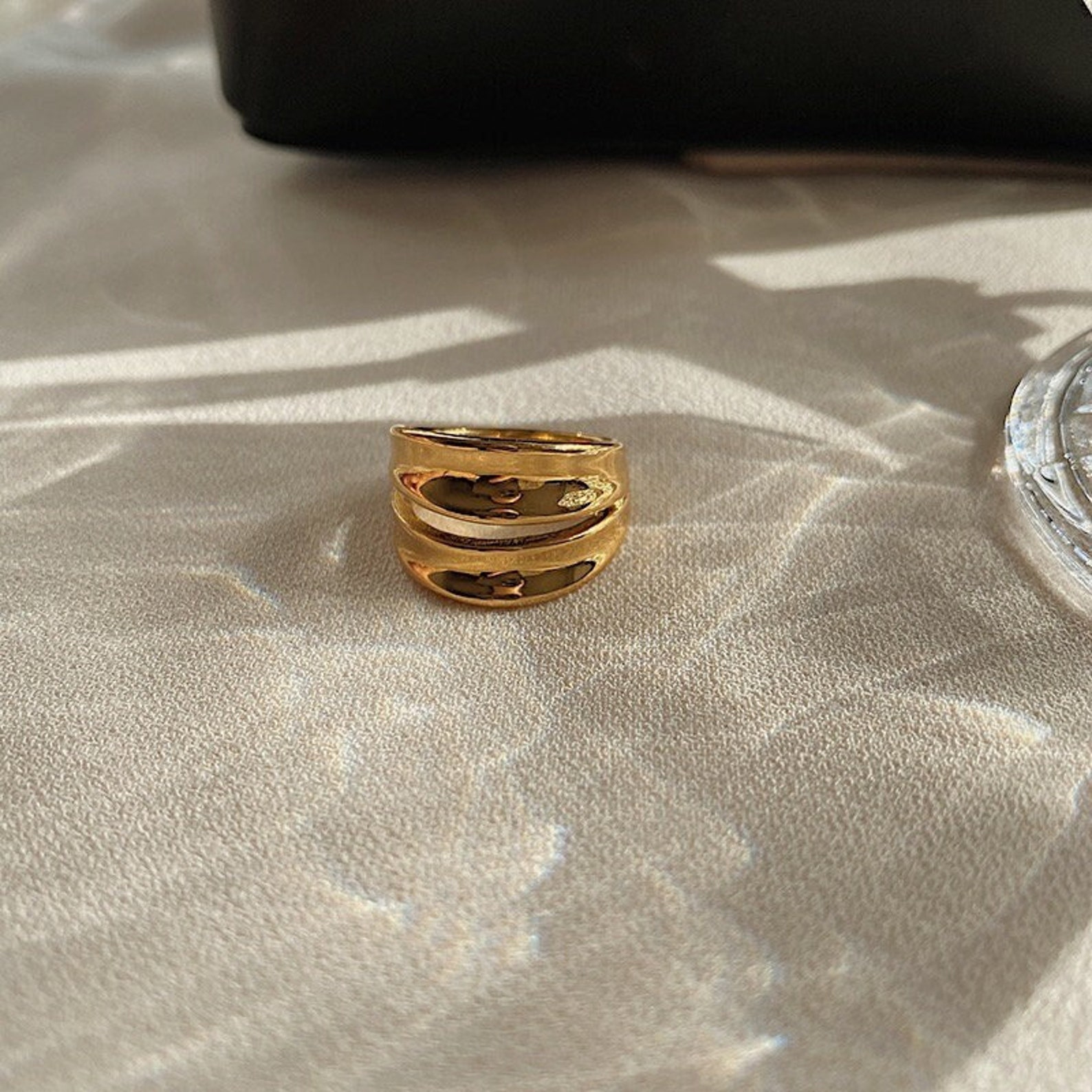 18K Gold Double Band Ring Gold Double Ring Chunky Statement Etsy