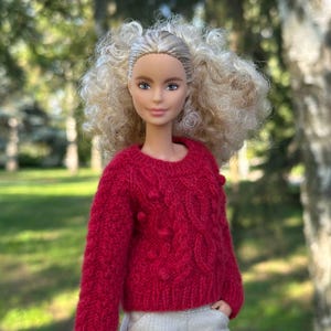 Hand-Knitted Red Merino Wool Sweater for 1:6 Dolls