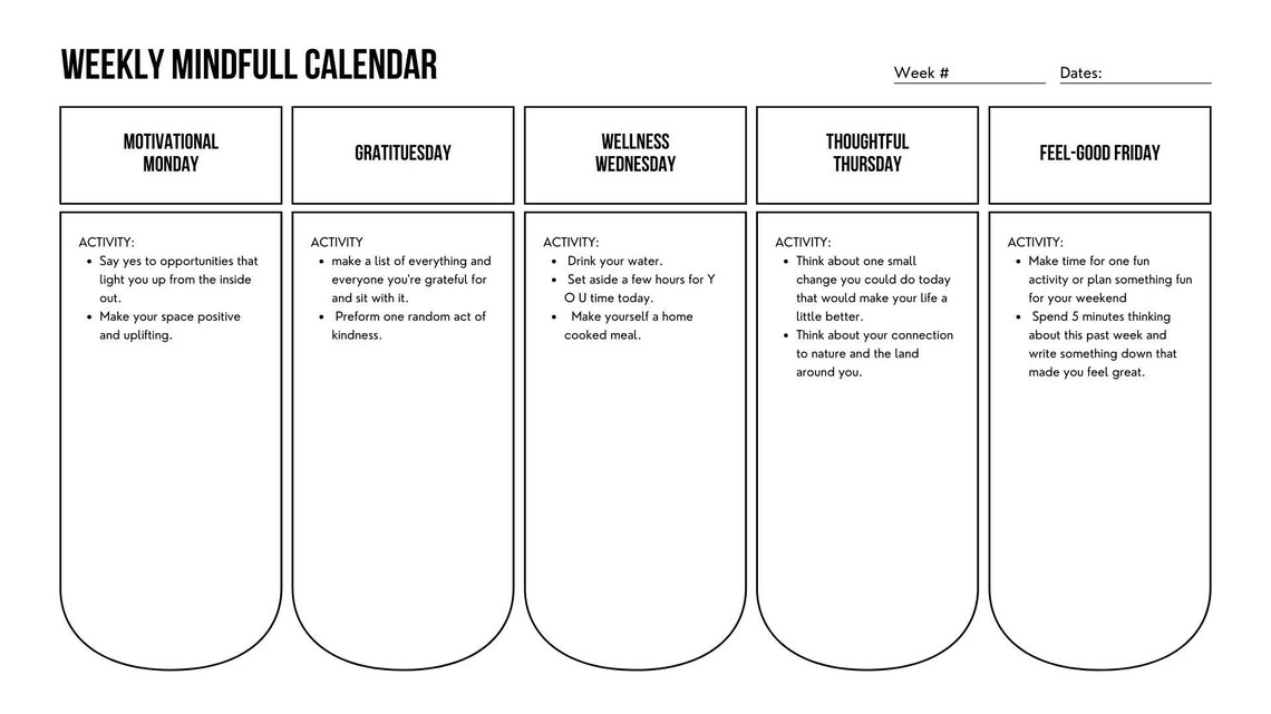 Printable weekly wellness mindful calendar planner | Etsy
