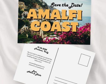 Amalfi Coast Retro Save the Date Postcard - Southern Italy Destination Wedding, DIY Template (Digital Download)