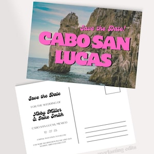 Cartão postal Salve a data - personalizável, retrô Junte-se a nós no cartão postal de Cabo San Lucas, casamento no destino no México, modelo personalizado editável DIY