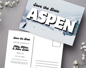 Aspen Colorado Save the Date Postcard – Retro Wedding Invite, DIY Editable Template (Instant Digital Download)