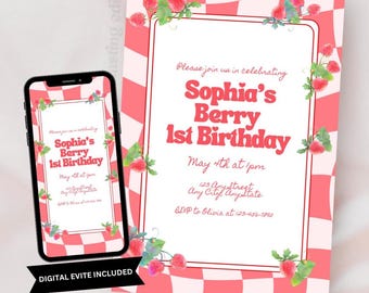 Berry First Birthday Invitation - Girls 1st Bday Party, DIY Editable Template (Digital Download)