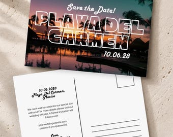 Playa Del Carmen Retro Save the Date Postcard - Mexico Destination Wedding, DIY Template (Digital Download)
