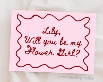 Flower Girl Proposal Card - Wavy Border, Cursive Name, Hand Written Design (DIY Customizable Template)