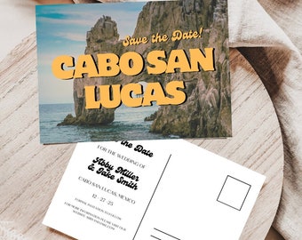 Cabo San Lucas Retro Save the Date Postcard - Mexico Destination Wedding, DIY Template (Digital Download)