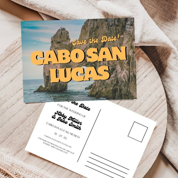 Speichern Sie die Datums-Postkarte - Personalisierbar, Retro Begleiten Sie uns in Cabo San Lucas-Postkarte, Hochzeit in Mexiko, DIY bearbeitbare benutzerdefinierte Vorlage