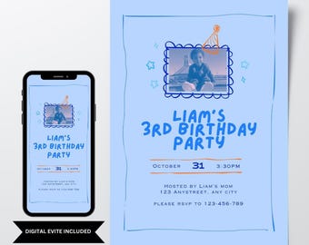 Custom Photo Birthday Invitation - Hand Drawn Boys Party, DIY Editable Template (Digital Download)