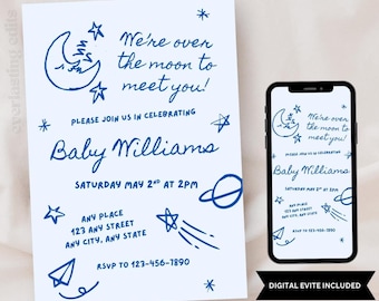Over The Moon Baby Shower Invitation  – Hand Drawn Design, DIY Editable Template (Instant Digital Download)